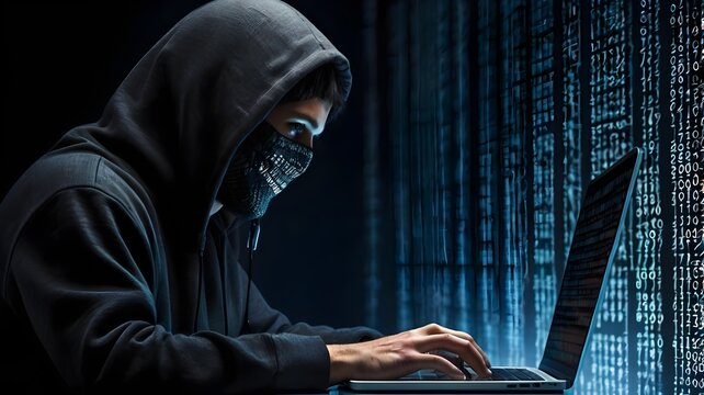 Hacker wearing a black jacket phishing keylogger with brute force attack