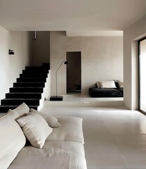 Modern Minimalist Living Room Interior Design with White Walls, Black Stairs, and a Beige Sofa