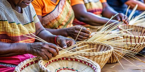 Weaving Tradition: African Women Crafting Baskets.  Close-up of skilled African women's hands intricately weaving traditional baskets from natural materials, showcasing their craftsmanship.