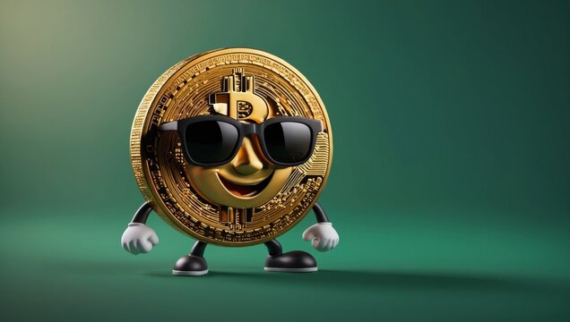 A cartoon bitcoin character with sunglasses stands confidently, showcasing a fun design against a vibrant green backdrop, radiating positivity, copy space