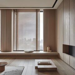 Fototapeta premium Modern Minimalist Living Room With Wooden Walls And Blinds