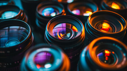 Several camera lenses with reflections of colorful lights, arranged closely together, creating a mesmerizing, vibrant scene.