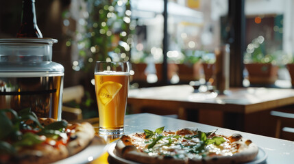 Two pizzas and a glass of beer sitting on a sunlit table in a relaxed, inviting setting of a pizzeria with greenery and warm ambiance.