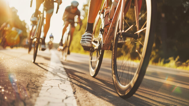 Cyclists race in the warm sunlight on an open road, highlighting the energy and motion of the event.