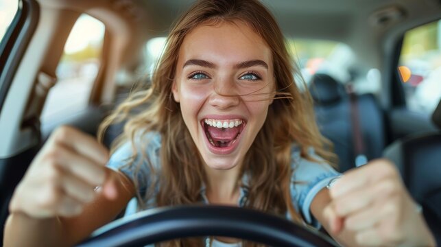Car purchase celebration photo. Woman sitting in new car with happy expression.