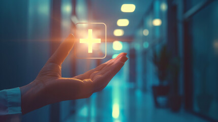 A hand gently holds a glowing medical cross icon, symbolizing healing and innovation in a serene, modern medical facility.