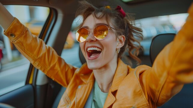 Car purchase celebration photo. Woman sitting in new car with happy expression.