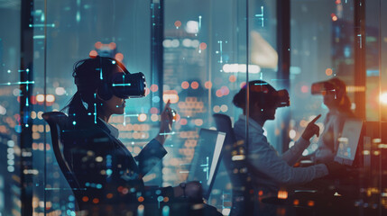 Professionals using VR headsets collaborate in a modern office with cityscape views and digital data overlays at twilight.