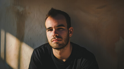 Fototapeta premium A man sits in a softly lit room, gazing forward pensively, creating a mood of introspection and contemplation.