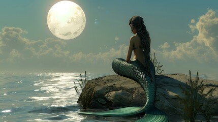 A mermaid sits on a rock by the sea, gazing at a full moon in the sky.