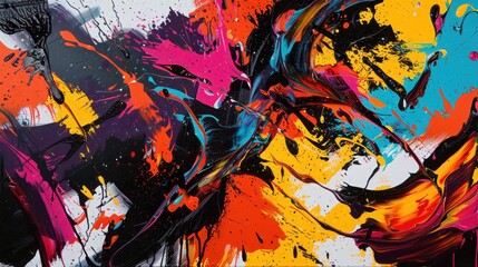 Vibrant and dynamic abstract painting with bold splashes of color and sweeping brushstrokes, creating an energetic visual experience.
