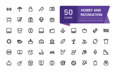 Set of Hobby and Recreation icons. Related to entertainment, lifestyle line icons. Collection of thin outline icons. Vector illustration.