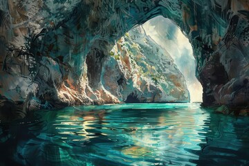 Mysterious Cave Entrance Surrounded by Glowing Blue Water