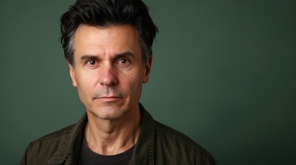 Fototapeta premium Expressive Portrait of a Middle-Aged Man with Dark Hair on Dark Green Background - High-Resolution Image