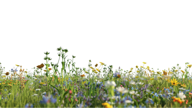 A vast field of colorful flowers isolated on a transparent background, PNG