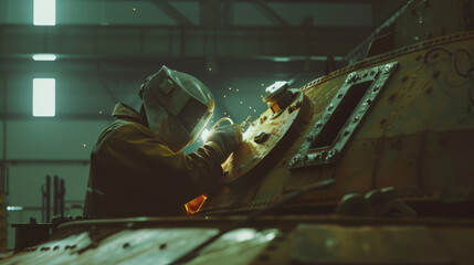A welder adorned in protective gear focuses intently on his work, sparks flying as he welds a metal structure in a dimly lit industrial space.