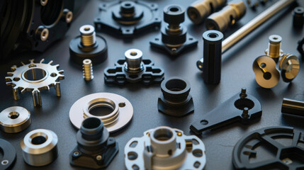 A detailed collection of mechanical parts, gears, and components meticulously arranged, showcasing precision and engineering.