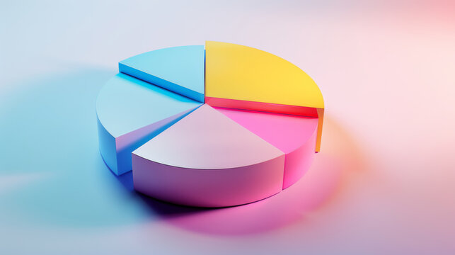 A colorful 3D pie chart with four segments in pastel colors, creating a visually appealing and modern representation of data.