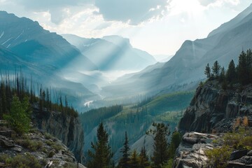 Obraz premium A breathtaking view of a misty valley. Perfect for illustrating a travel or nature website.