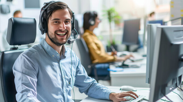A cheerful customer service representative with a headset smiles at his desk, embodying professionalism and friendly support in a modern office setting.