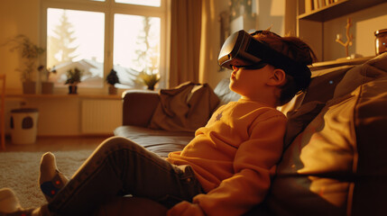 Obraz premium A young child, immersed in virtual reality, sits on a cozy couch bathed in warm, golden sunlight streaming through a large window.