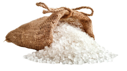 Sea salt in jute sack on transparent background