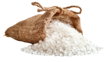 Sea salt in jute sack on transparent background