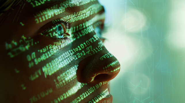 A face lit up with binary code, suggesting the integration of human intuition and digital data in the modern world.