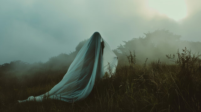 A cloaked figure draped in a flowing, translucent fabric stands in a misty field, creating a mysterious and ethereal atmosphere.