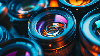 A close-up of camera lenses with colorful reflections, representing precision optics and the art of photography.