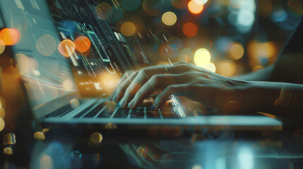 Hands typing on a keyboard, with a soft overlay of various technical elements and graphs, illuminated by warm bokeh lights.