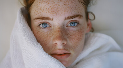 A close-up of a young woman with striking freckles and piercing blue eyes, wrapped in a white towel, exuding serenity and natural beauty.