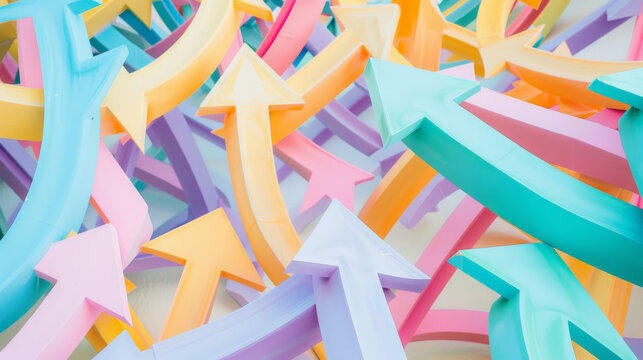A chaotic cluster of vibrant plastic arrows in various bright colors creates a dynamic and playful visual representation of direction and motion.