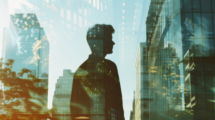 A silhouette of a person against the backdrop of a modern cityscape, with reflections of urban lights and nature seamlessly intertwined in a captivating double exposure.