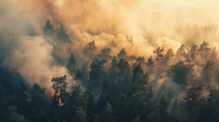 Obraz premium The forest under a dense veil of smoke as a wildfire blazes, creating a dramatic and intense scene of nature’s fury.