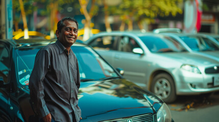 Fototapeta premium A cheerful man leaning against a car in a bustling street captures the vibrancy of urban life with a smile that radiates positivity and contentment.