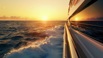 Obraz premium The side of a boat glides through the ocean at sunset, with waves gently crashing against the hull, and a golden sun setting in the horizon.