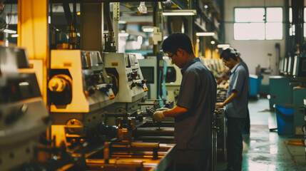 Industrial workers in a factory operate precision machinery with focused engagement under warm, factory lighting.