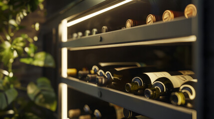 Wine bottles are neatly arranged in a dimly lit wine rack, showcasing an elegant collection in a sophisticated and serene ambiance.