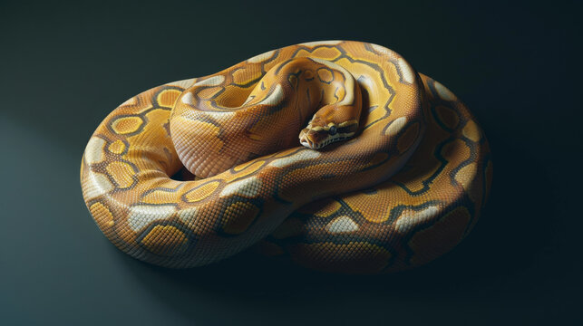 A stunning ball python coiled up with its golden, intricate patterns on full display, capturing the snake&rsquo;s grace and natural beauty.