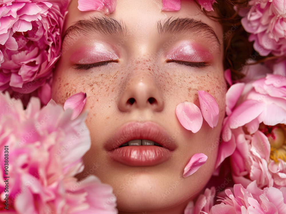 Poster beautiful woman with red lips and pink nails, beautiful make-up, perfect skin, flowers in hair