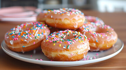 A close-up of a plate with several glazed donuts covered in colorful sprinkles