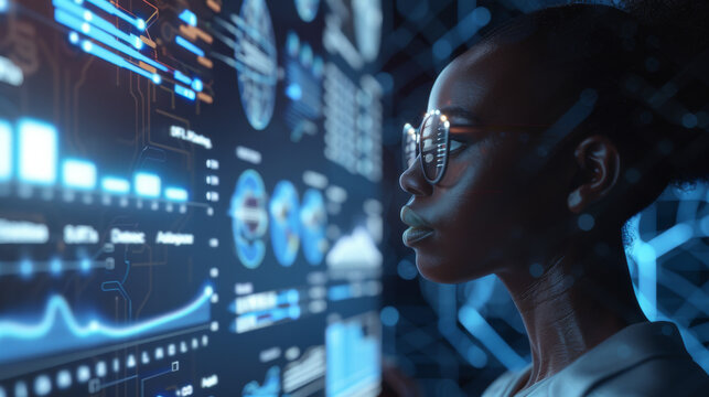 A young professional examines data visualizations on multiple digital screens, immersed in analysis within a high-tech environment.