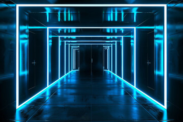 Futuristic Neon-Lit Corridor with Reflective Floor