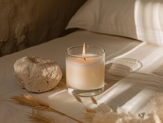 Soy wax scented candle mockup, clear glass container candle front view mockup, tropical style