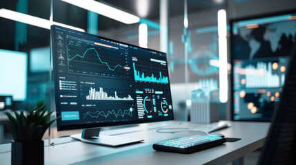 Fototapeta premium A modern desk setup with a large monitor displaying various data analytics and graphs in a sleek, high-tech office environment.