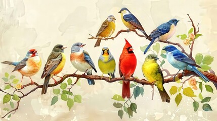 Colorful Birds Perched on Branches Illustration
