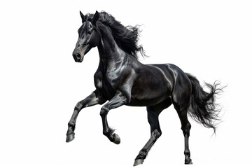 Fototapeta premium Black horse in rearing pose, standing up on hind legs isolated on white background