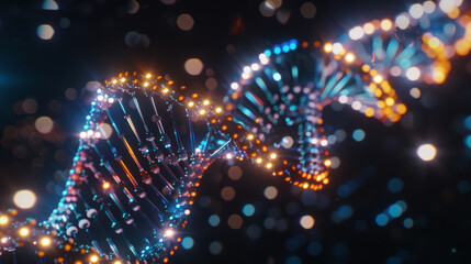 A glowing DNA helix with holographic effects, highlighting the fusion of technology and genetics in a vibrant, dynamic setting.