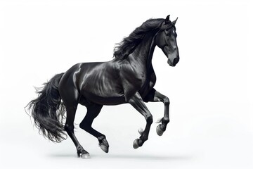 Black horse in rearing pose, standing up on hind legs isolated on white background